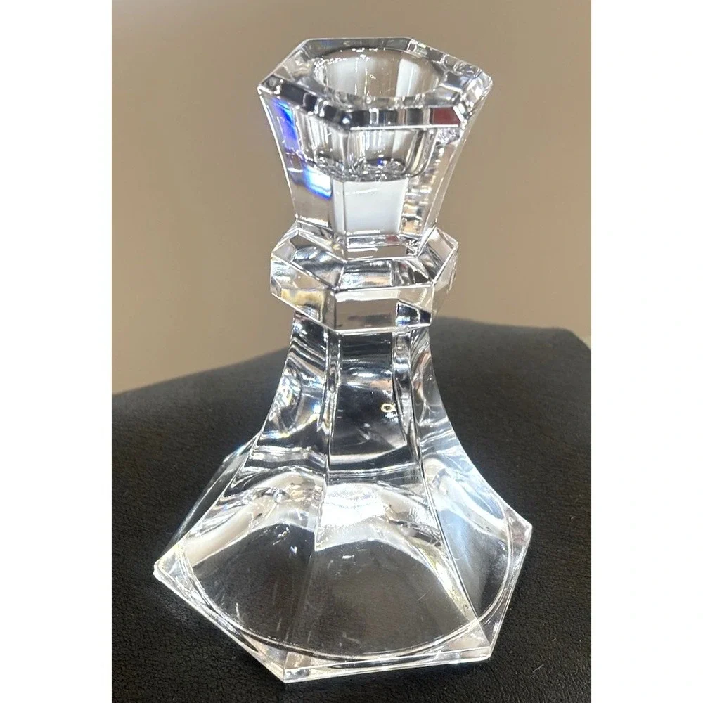 2 Vtg Geometric Crystal Candlestick Holders Elegant Design Towle Austria 4.75